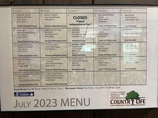 Country life restaurant menu posted for the month