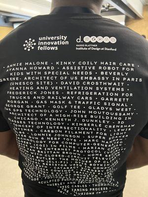 Back of t-shirt with two logos at the neck and text covering the back