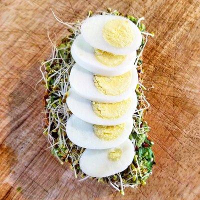 Horizon Toast on Rustic Italian Bread with alfalfa sprouts, add sliced hard boiled egg