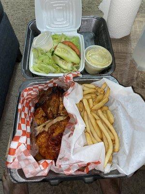 1/2 Chicken, Fries, Salad & 4 oz. Sauce pollo la brasa