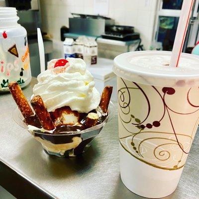 Elvis Pretzel Sundae and  Hand Dipped Ice Cream Shake