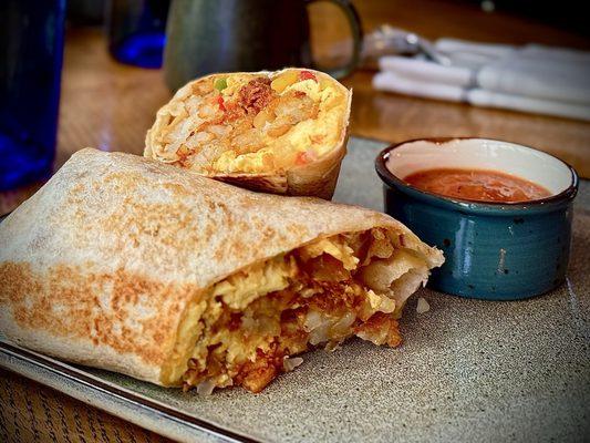 BREAKFAST BURRITO Fluffy Scrambled Eggs, Cheddar Cheese, Chorizo, Sautéed Onions & Peppers, Salsa Roja, $20