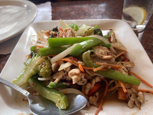 Basil chicken stir fry with onions and bell peppers