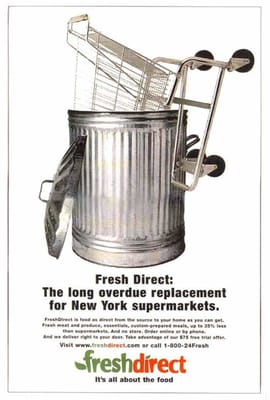 Introductory advertisement for Fresh Direct, a phenomenally successful food delivery service in New York City.