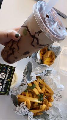 Tiramisu milk tea and Fries and Egg Tart