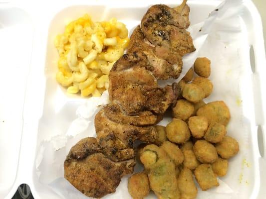 Chicken on a stick, Mac n cheese, fried okra