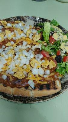 Open-face loaded Chili Dawg