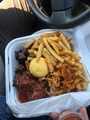 Burnt ends, brisket, haystack onions, corn bread, and French fries. All good.