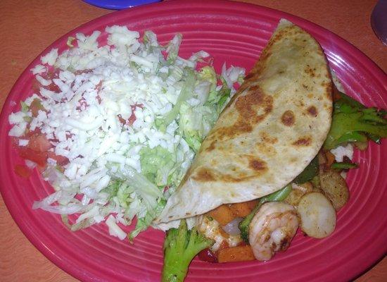 Lunch #21- Quesadilla Sincronizada. Quesadilla had all the veggies, shrimp, and cheese inside.