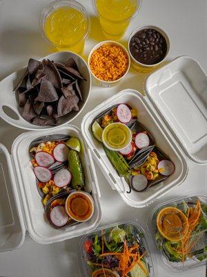 Marinated gulf shrimp tacos w grilled pineapple pico shaved radish w salsa, salad w cumin vinaigrette, sides + aguas frescas.