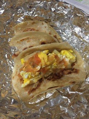 Awesome Breakfast Tacos.  Homemade flour tortillas.  Made to order.