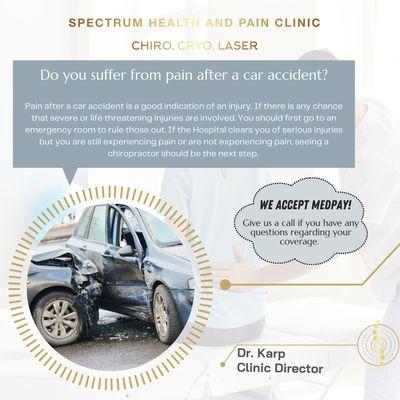 Did you know? We accept MedPay for car accident treatments! 
Contact us to learn more or schedule an appointment directly on our website!