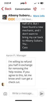 Conversation with Albany Subaru manager on Yelp.