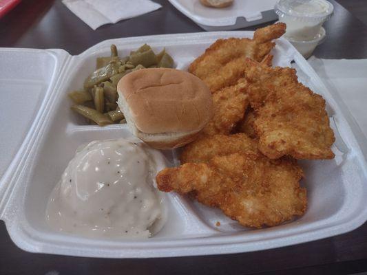 Shrimp meal for lunch with 2 sides. Potatoes are not very good .  Green Beans are good.