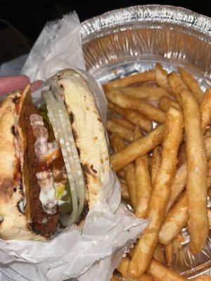 fried chicken sandwich with fries