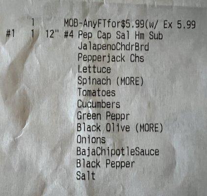 Receipt for sandwich. Wrong sandwich provided...