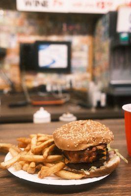 Triple cheese burger with bacon and fries