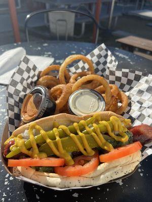 Chicago dog and onion rings.