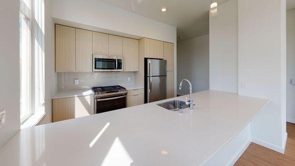 Large quartz countertops and stainless steel appliances in light-filled kitchens