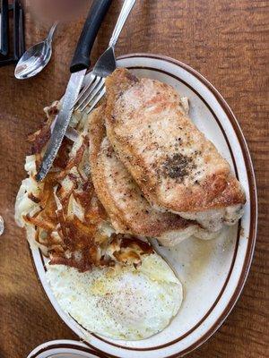 Pork chops and egg and potatoes