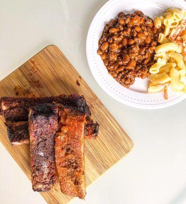 Barbecue Ribs Plate with Barbecue Bake Beans & Hawaiian Mac Salad