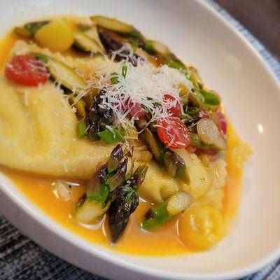 Goat milk Ricotta Ravioli..asparagus & rhubarb jus