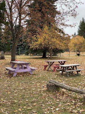 Area where kids can sit at picnic tables.