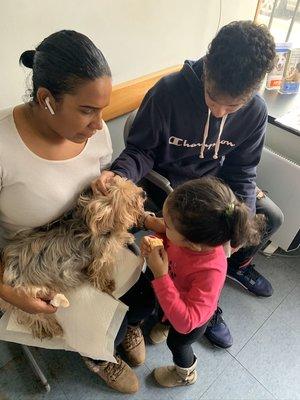 Family together as there beloved furry friend Jake is waiting to see Vet.