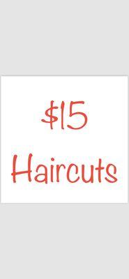 $15 haircuts Right now through the end of the month Oct 15 2024. Come by and get a cut!! 
"If you look good you feel good"