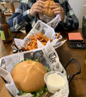 California Burger (subbed for turkey), sweet potato fries, and Western Burger