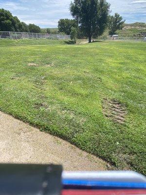 Ruts dug by their use of skid steer where guests would've walked.