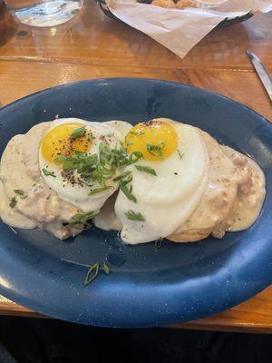 Biscuits and gravy. Large portions of meat.  Outstanding flavor.