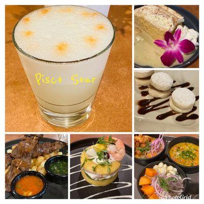 Traditional Peruvian cocktail Pisco Sour. Anticucho (grilled Ox hearts), Causo Shrimp, Ceviche trio, Alfajores (Cookies), Tres Leche cake.