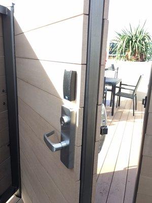 This is the exterior of the rooftop oasis job. Card access with a key override. ADA approved lever to boot!