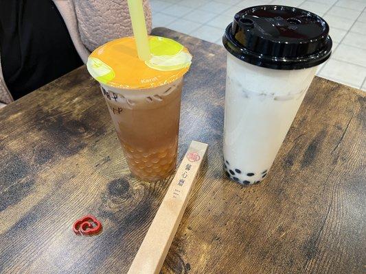 Honey green milk tea with milkcap and wintermelon mando boba