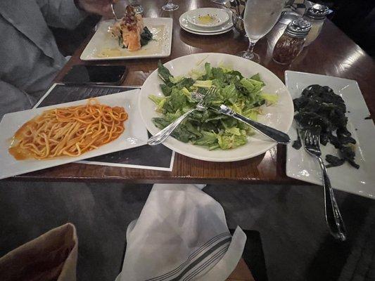 Spaghetti with red sauce, Long Island salad (? I think) and a side of veggies