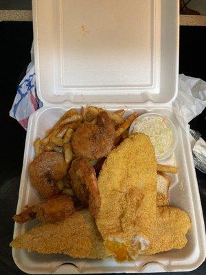 For jumbo shrimp with two large catfish fillets and fries