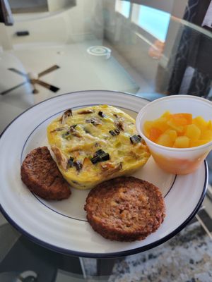 Mushroom strata and veggie patties with fruit