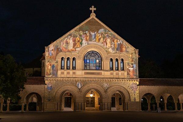 Memorial Church lit up at night