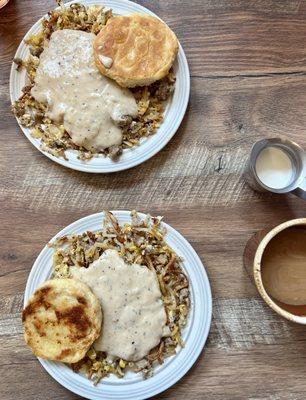 The Fritz Special with pepper gravy (VERY peppery) and a biscuit, split in two.