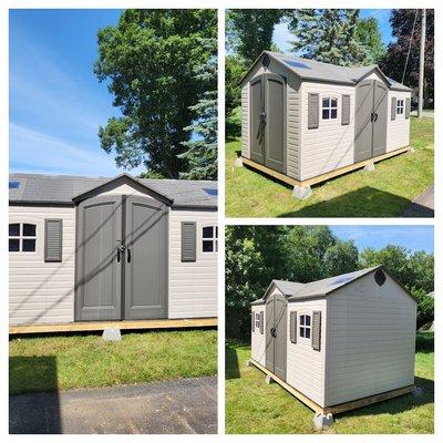 This was a Lifetime prefab shed 15x8 with two doorways, skylights and windows. The customer was so happy with the finished project!