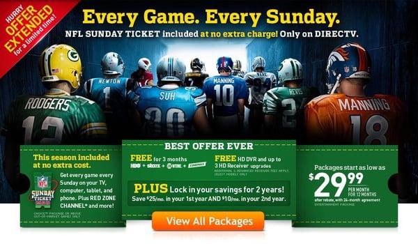 Cada partido en vivo. Cada Domingo.! NFL SUNDAY TICKET 2016 incluido cuando Los clientes se canbian a DIRECTV!