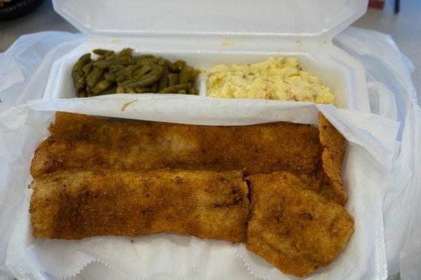 Fried fish, string beans and potato salad