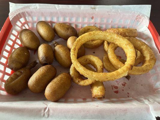 Mini corn dog and onion rings