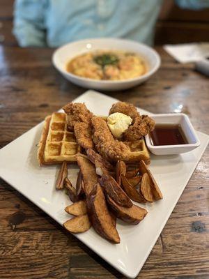 Chicken and Waffles with potatoes  Shrimp and grits