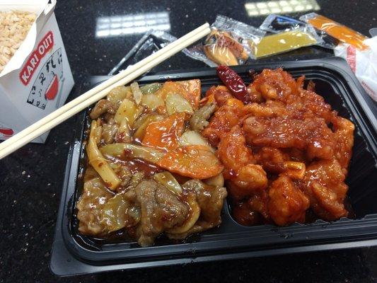 Mongolian beef, orange chicken combo