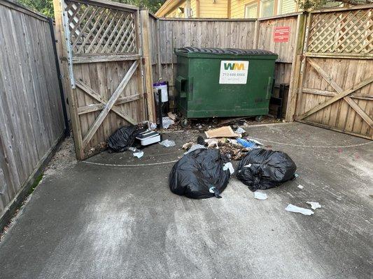 This is example of a pickup by Waste Management. 1/2 the trash is on the ground and was supposed to be picked up on Tuesday not Wednesday...