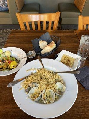 Linguine Clams with Lemon wine sauce, Greek salad..