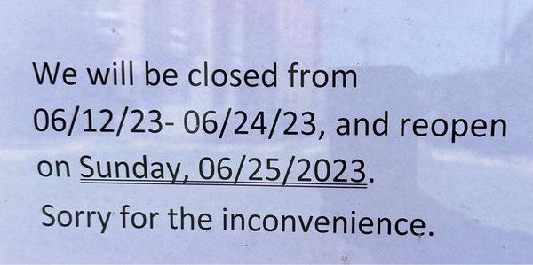 Wanted some Hawaiian drive Imm but drove out to find out they are Closed 6/12-6/24.