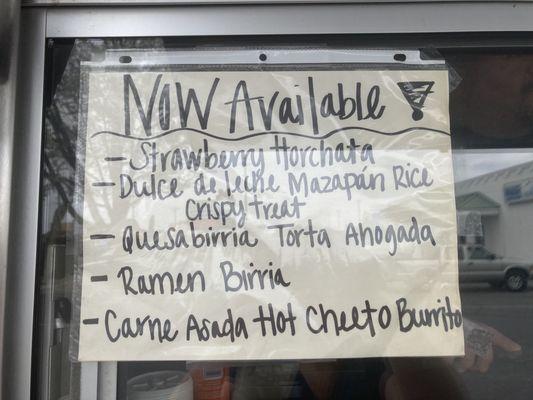 Creative menu options: Strawberry Horchata, Dulce de leche Marzipan rice crispy treat, Ramen Birria, Carne Asada Hot Cheeto Burrito